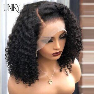 180% Density Afro Kinky Curly Human Hair Bob Wig Transparent Side Part Lace Wigs
